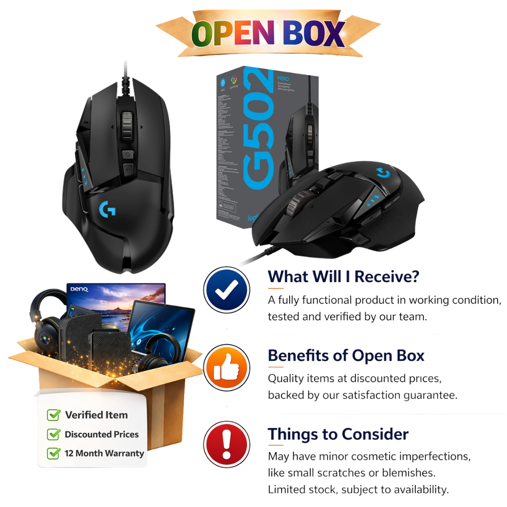 Logitech G502 Hero High Performance Wired USB Gaming Mouse, Hero 25K Sensor, 25,600 DPI, RGB, Adjustable Weights, 11 Programmable Buttons, On-Board Memory, PC/Mac (OPEN BOX)