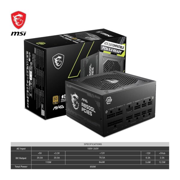 MSI MAG A850GL PCIE5 850w 80 Plus Gold Desktop Power Supply - Image 9